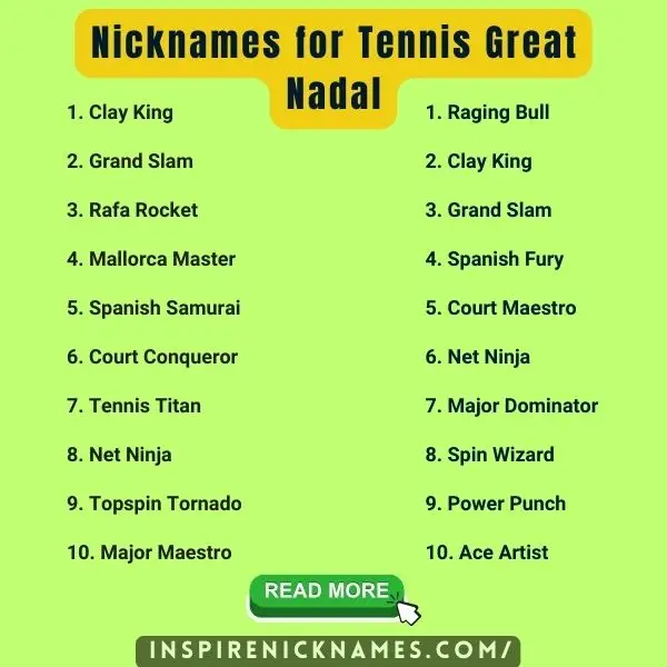 Nicknames for Tennis Great Nadal list ideas